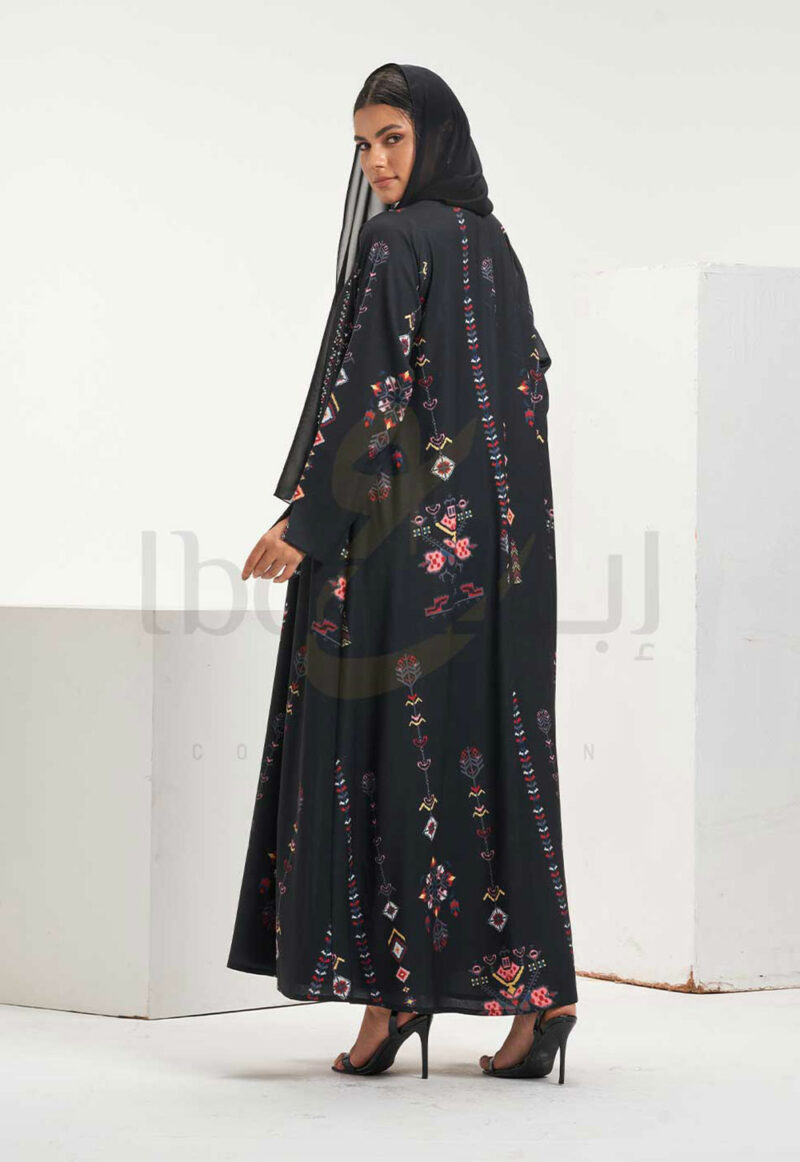Black Printed Abaya with Vibrant Tribal Pattern Detail - Image 2