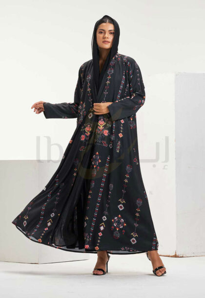 Black Printed Abaya with Vibrant Tribal Pattern Detail