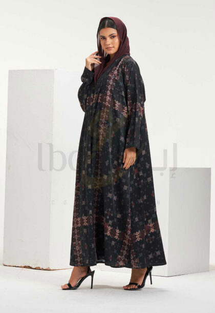 Black Printed Abaya with Geometric & Floral Pattern Detail
