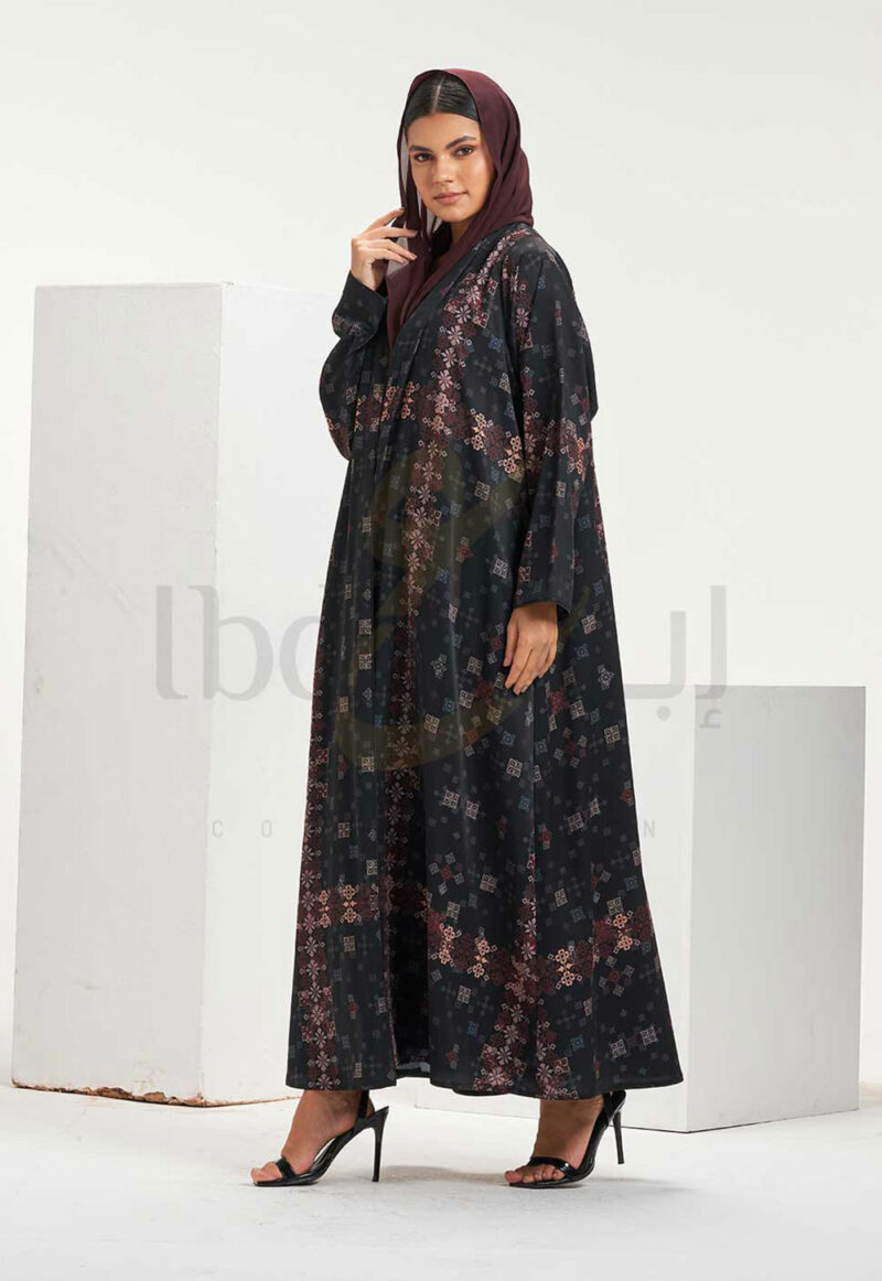 Black Printed Abaya with Geometric & Floral Pattern Detail