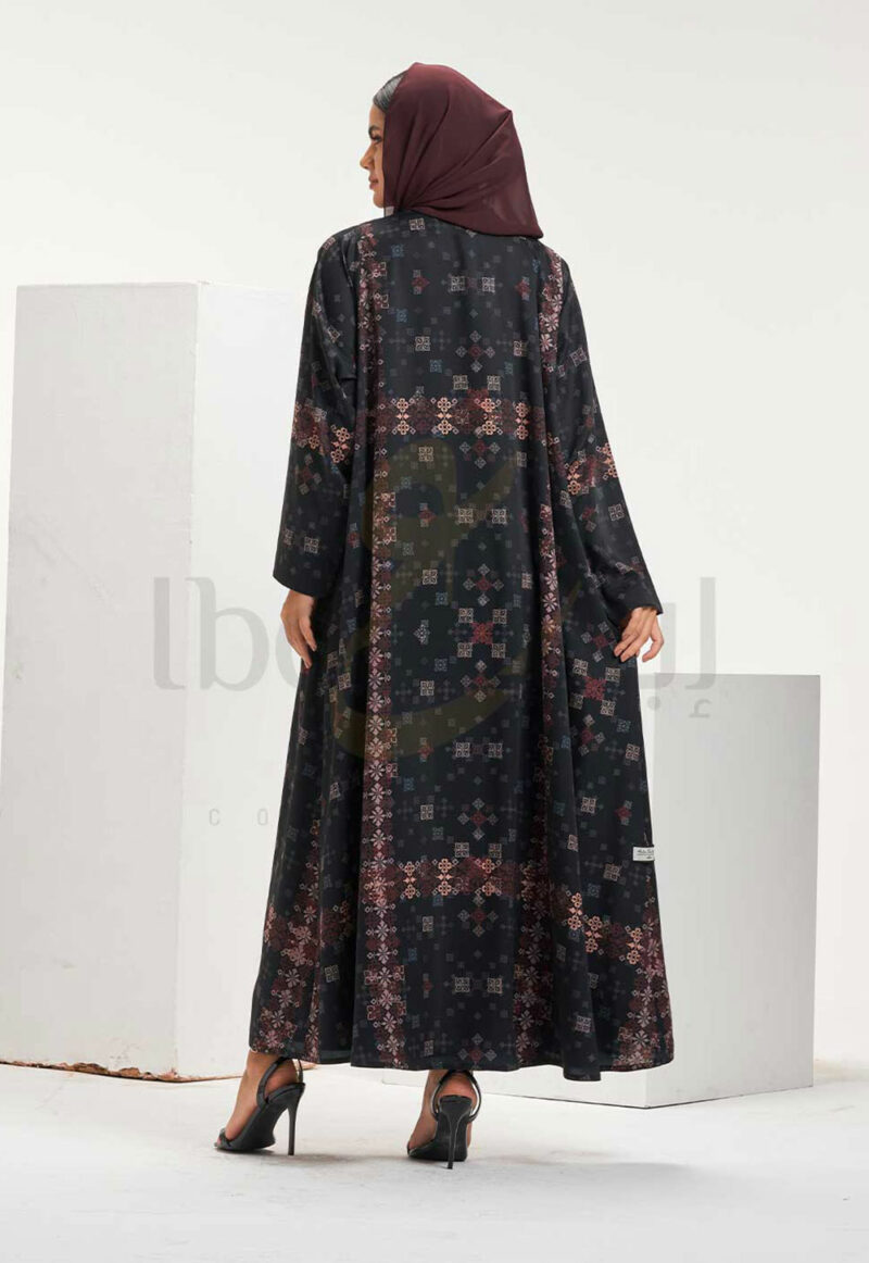 Black Printed Abaya with Geometric & Floral Pattern Detail - Image 2