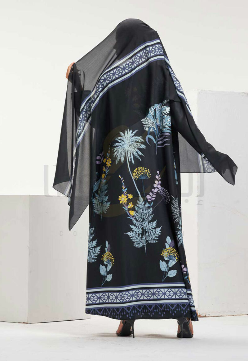 Black & White Printed Abaya with Botanical Pattern - Image 3
