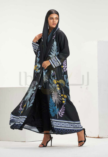Black & White Printed Abaya with Botanical Pattern