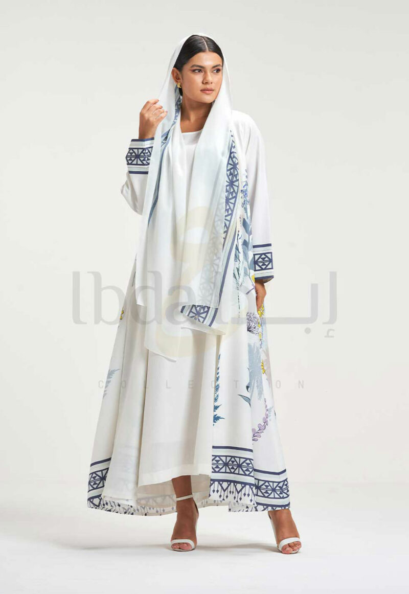 Black & White Printed Abaya with Botanical Pattern - Image 2