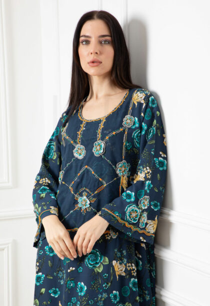 Embroidered Kaftan with Deep Navy Floral Design