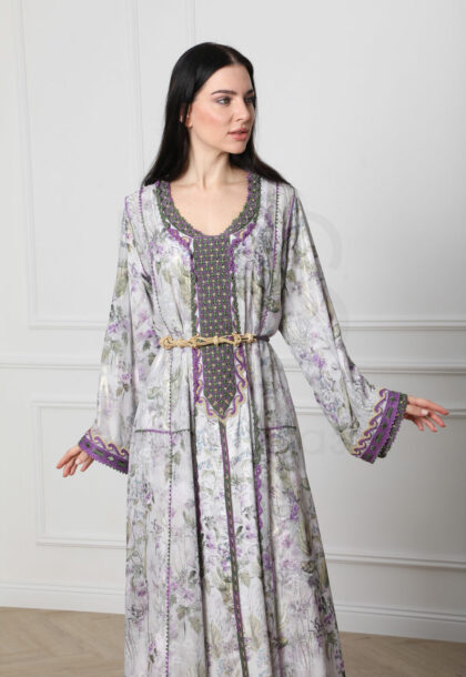Light Gray Floral Kaftan with Embroidered Details