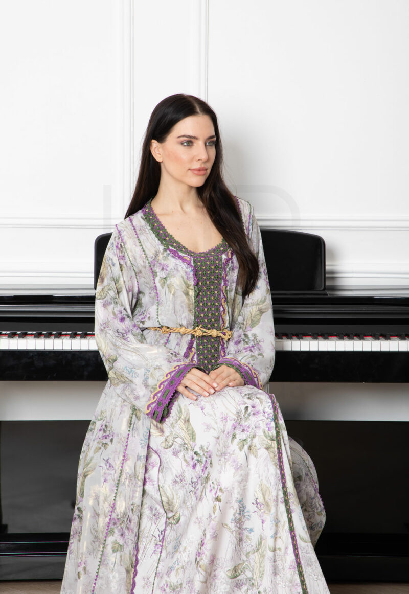 Light Gray Floral Kaftan with Embroidered Details - Image 2