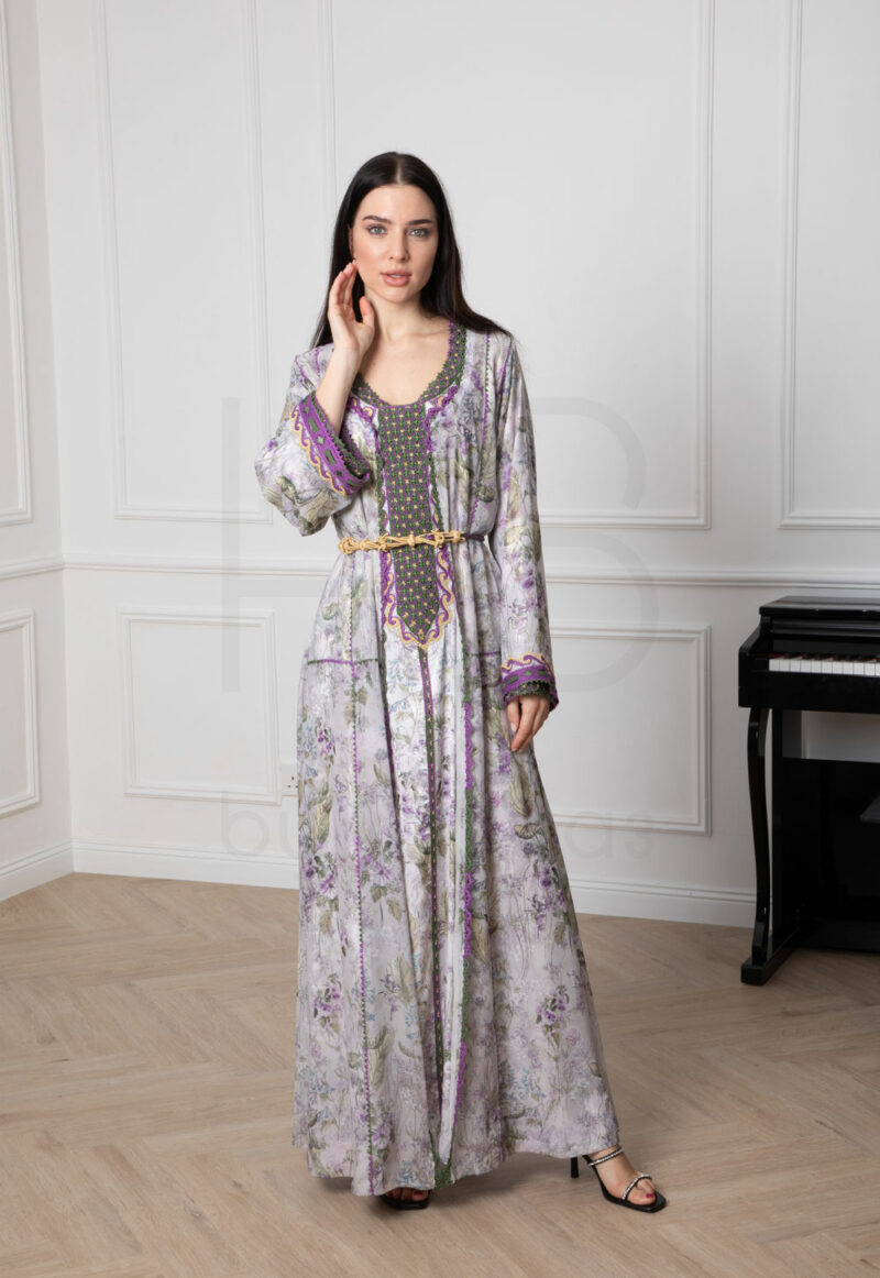 Light Gray Floral Kaftan with Embroidered Details - Image 3