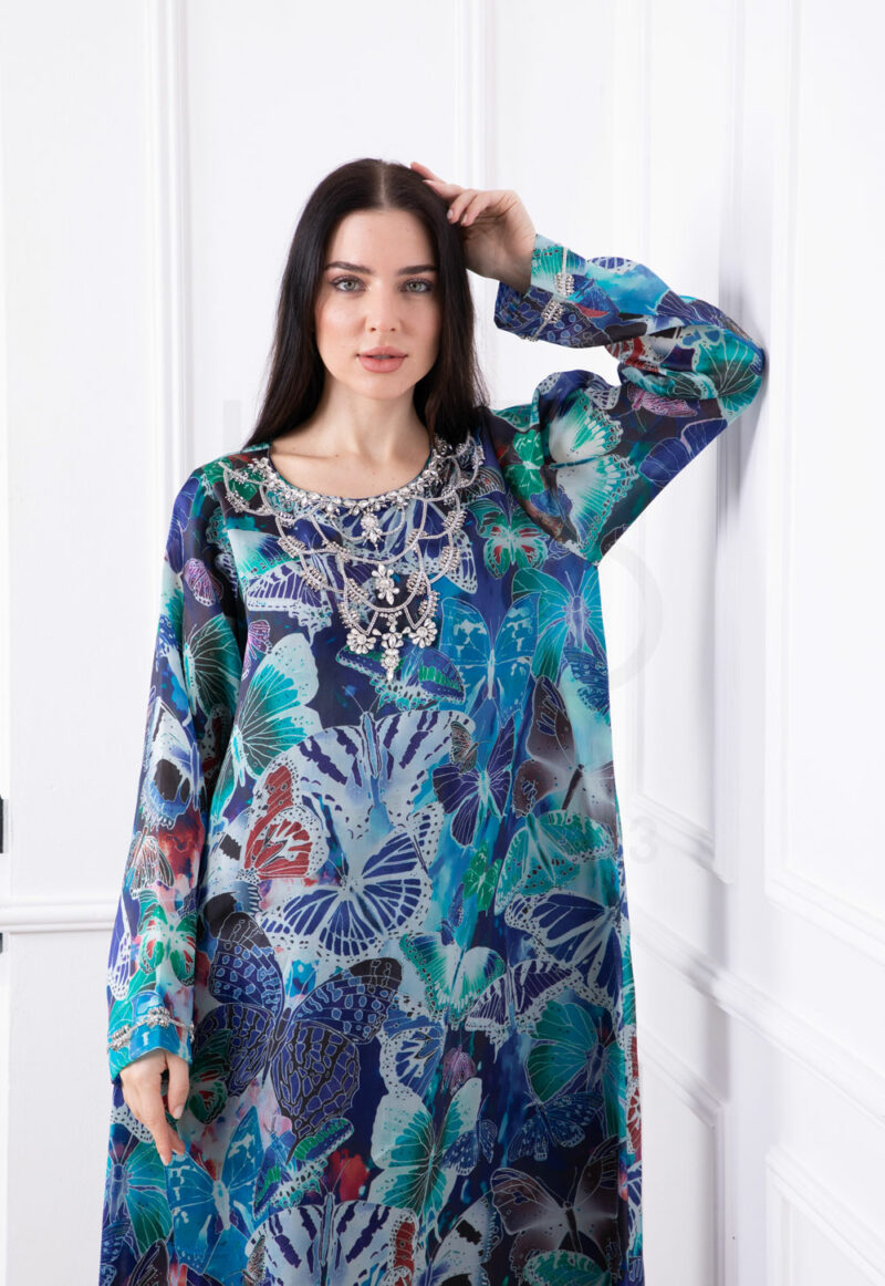 Vibrant Butterfly-Print Kaftan with Beaded Neckline - Image 2