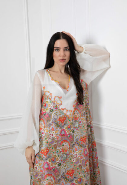 Off-white Luxurious Embroidered Kaftan with Sheer Sleeves