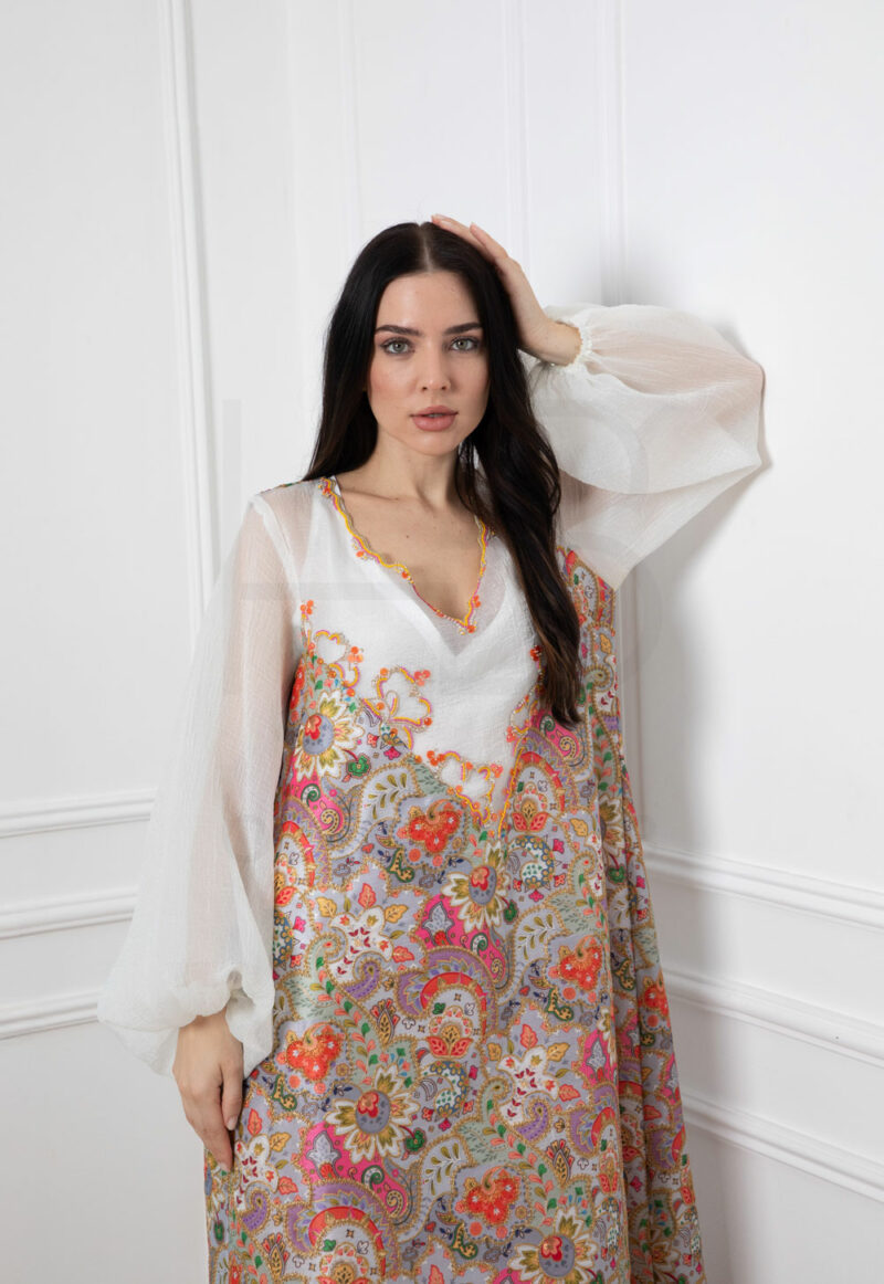 Off-white Luxurious Embroidered Kaftan with Sheer Sleeves