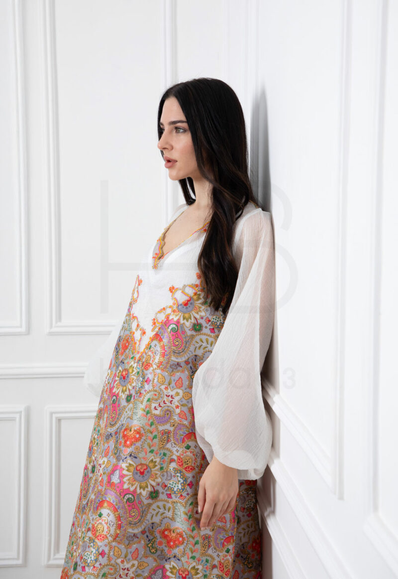 Off-white Luxurious Embroidered Kaftan with Sheer Sleeves - Image 3