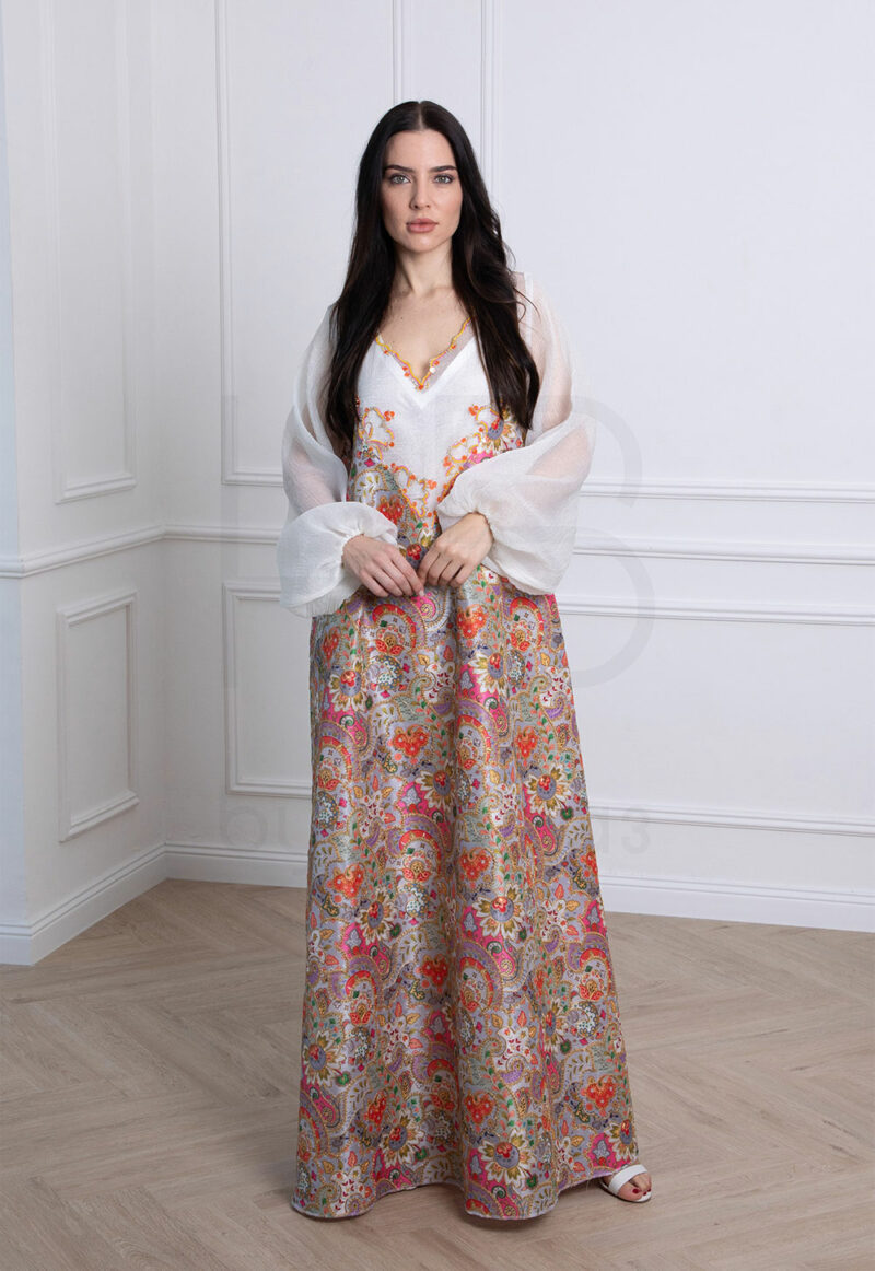 Off-white Luxurious Embroidered Kaftan with Sheer Sleeves - Image 2