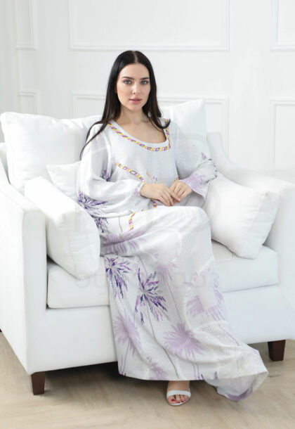 Soft White Kaftan with Tropical Palm Print