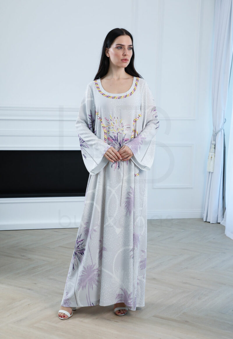 Soft White Kaftan with Tropical Palm Print - Image 2