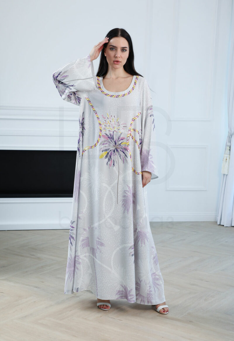 Soft White Kaftan with Tropical Palm Print - Image 3