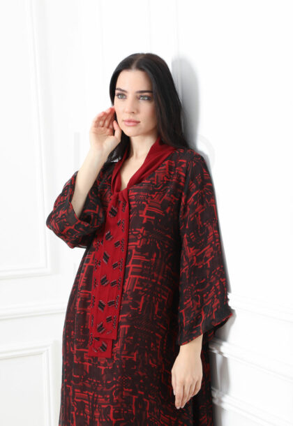 Bold Red & Black Geometric Kaftan with Statement Scarf Detail