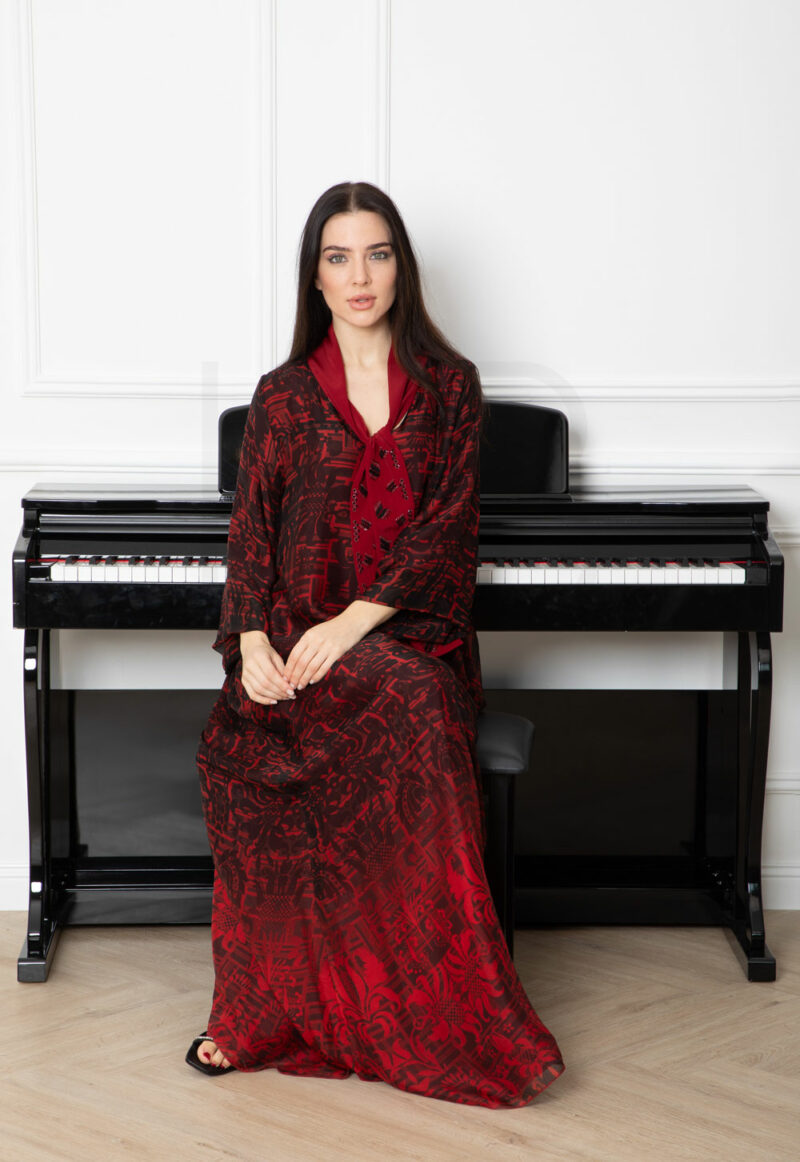 Bold Red & Black Geometric Kaftan with Statement Scarf Detail - Image 2