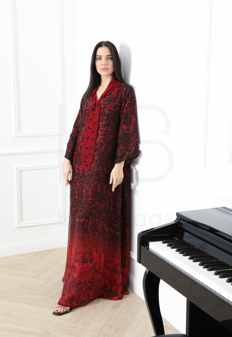Bold Red & Black Geometric Kaftan with Statement Scarf Detail - Image 3