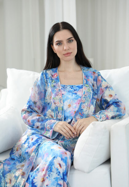 Elegant Blue Floral Kaftan with Shimmering Finish