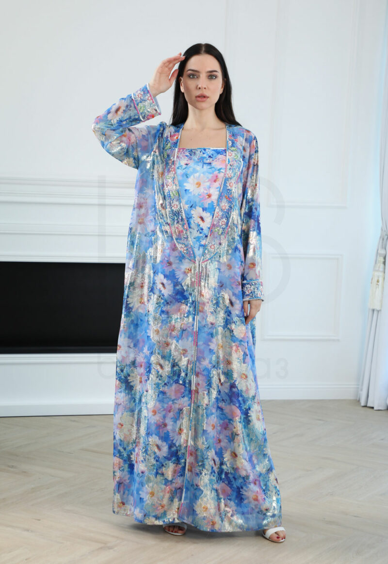 Elegant Blue Floral Kaftan with Shimmering Finish - Image 2