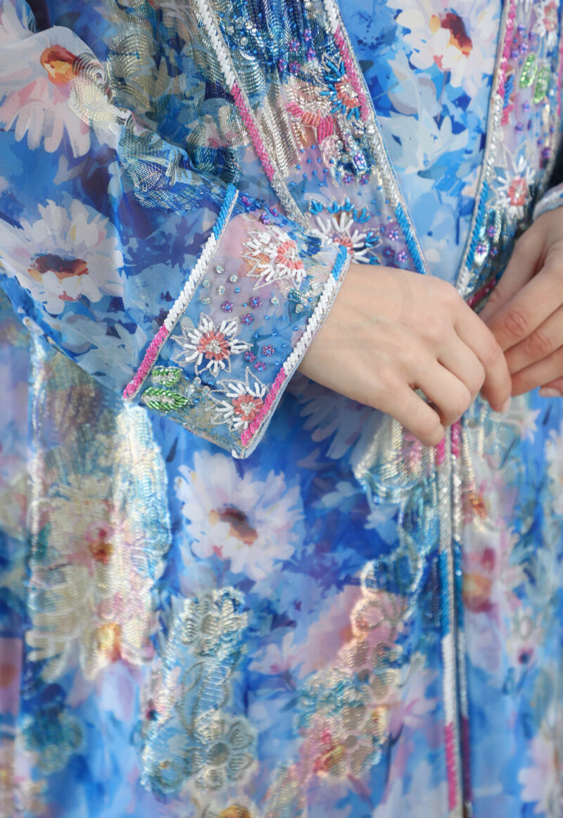 Elegant Blue Floral Kaftan with Shimmering Finish - Image 3
