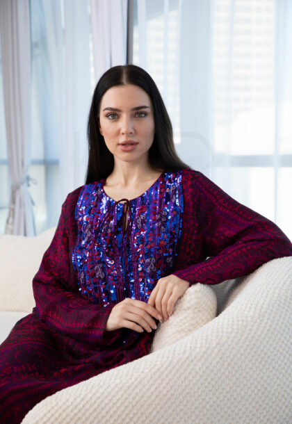 Bold Red & Blue Sequin-Embellished Kaftan