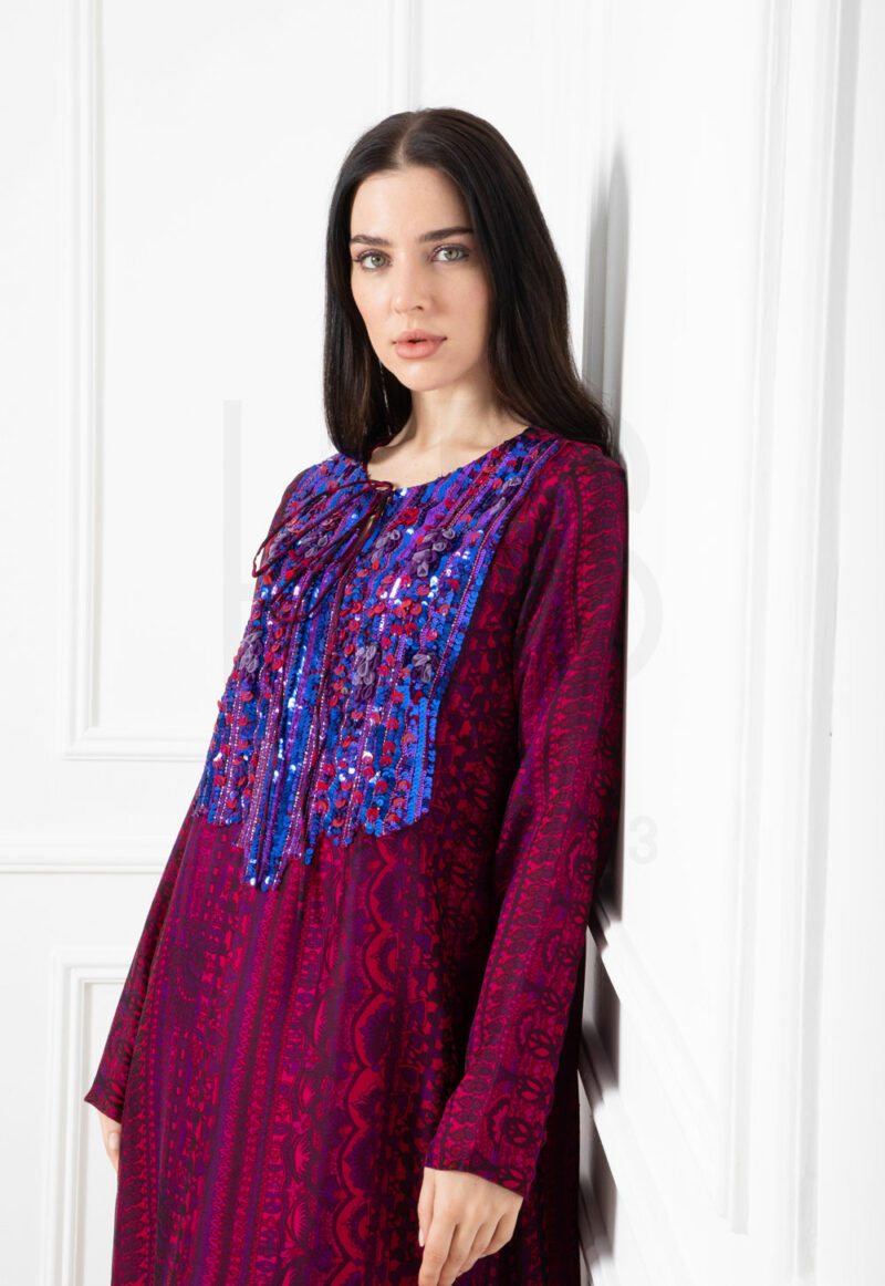 Bold Red & Blue Sequin-Embellished Kaftan - Image 3