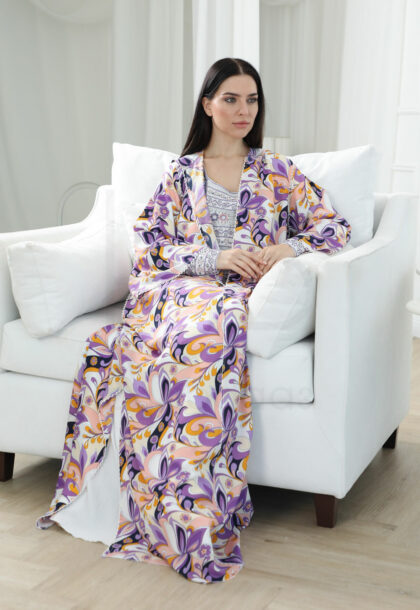 Kaftan with Purple Cream Floral and Pink Orange Geometric Pattern
