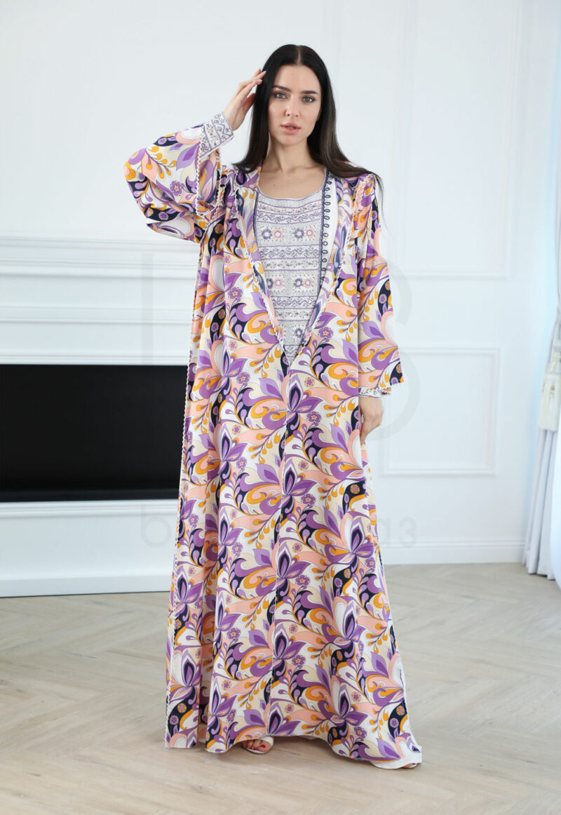 Kaftan with Purple Cream Floral and Pink Orange Geometric Pattern - Image 3