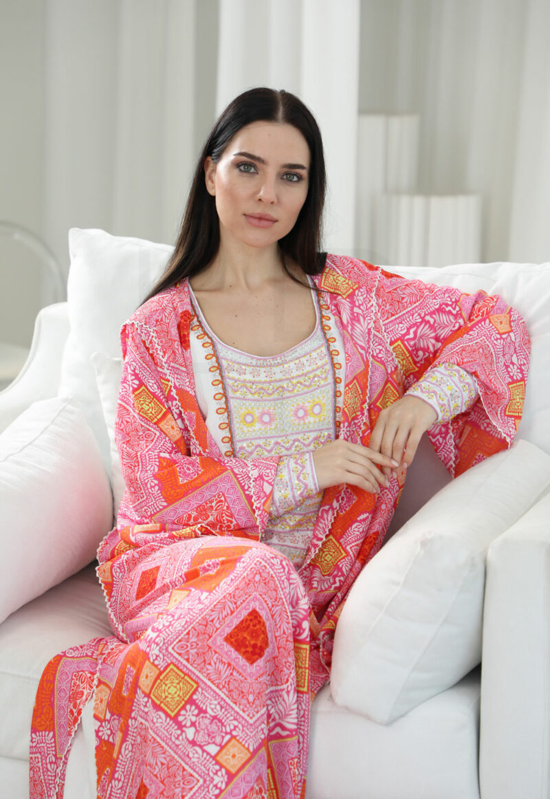 Kaftan with Purple Cream Floral and Pink Orange Geometric Pattern - Image 2