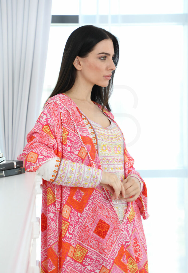 Kaftan with Purple Cream Floral and Pink Orange Geometric Pattern - Image 5