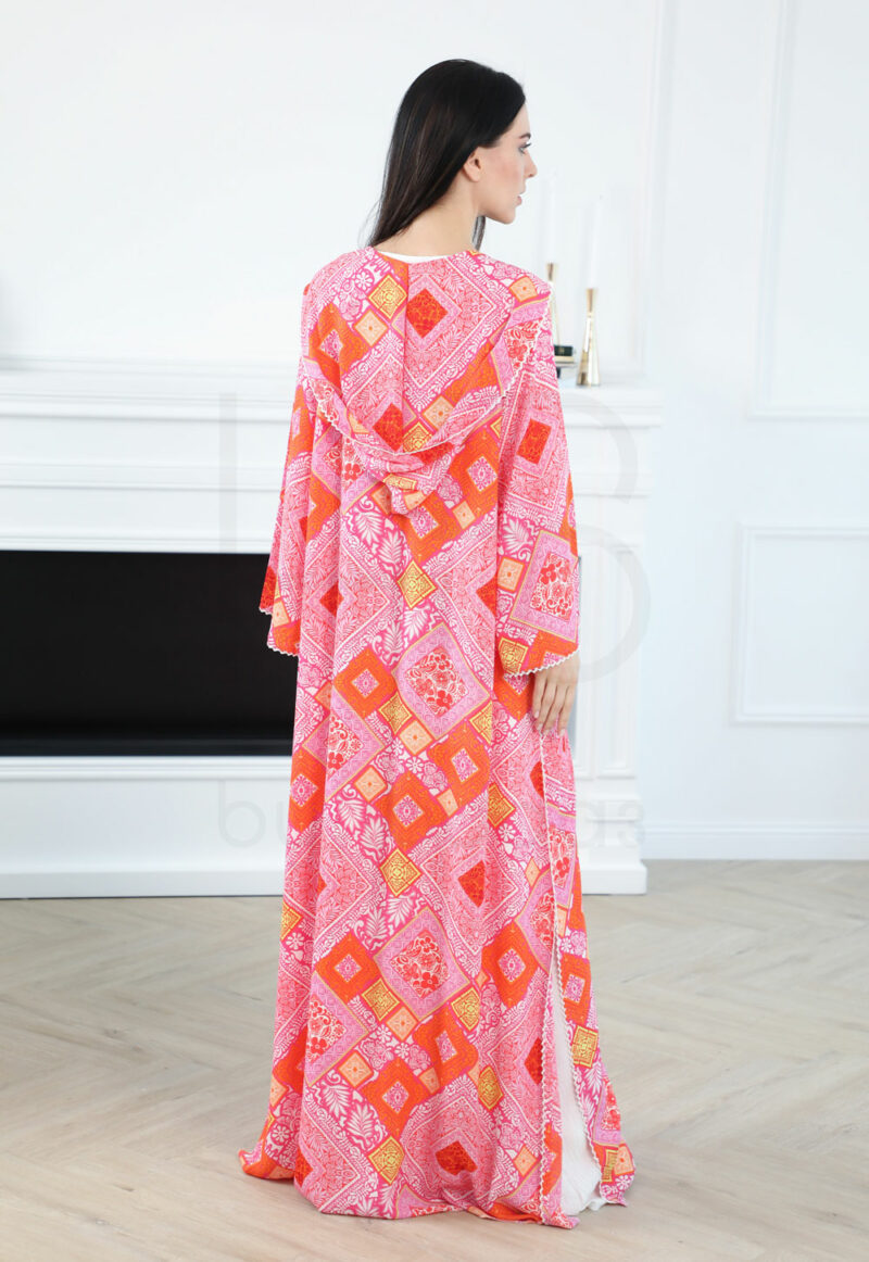 Kaftan with Purple Cream Floral and Pink Orange Geometric Pattern - Image 4