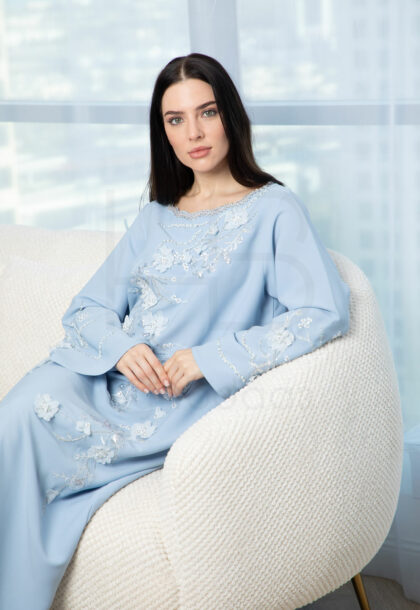 Elegant Light Blue Kaftan with Floral Embroidery