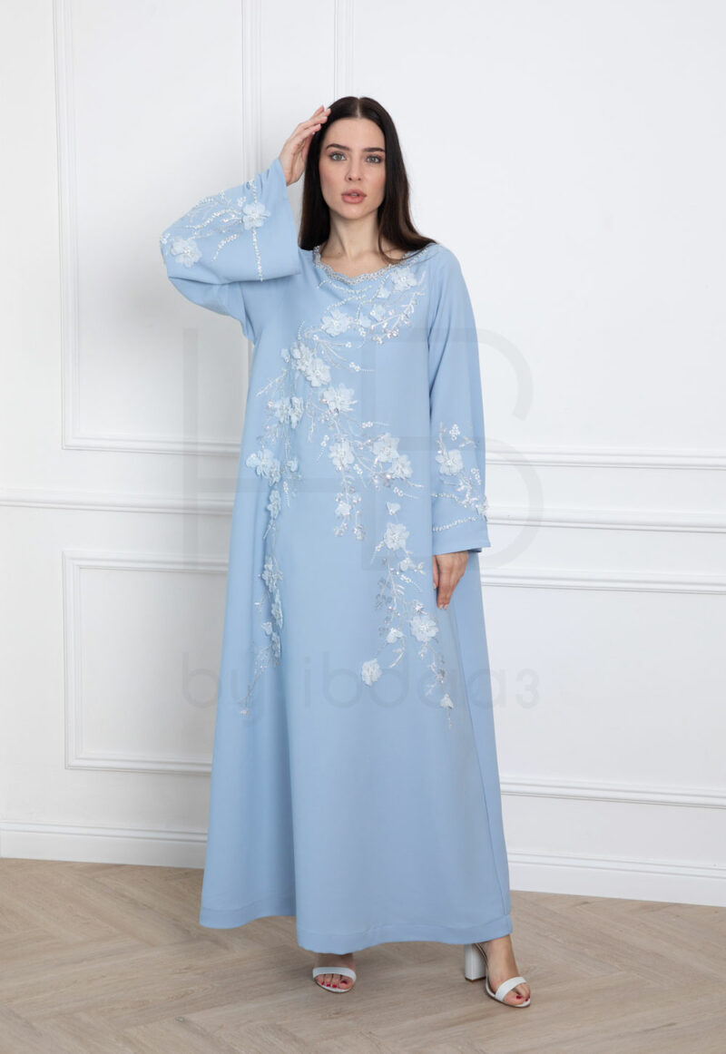 Elegant Light Blue Kaftan with Floral Embroidery - Image 3