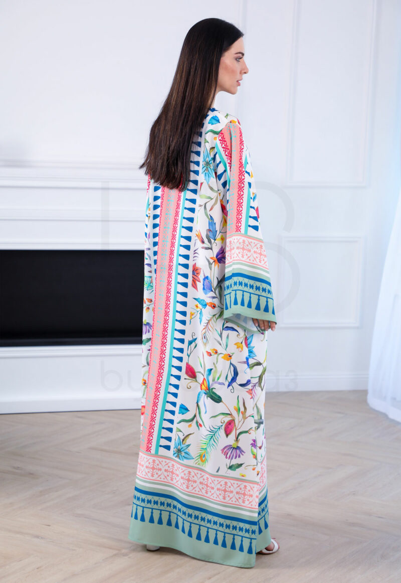 Elegant Embroidered Kaftan in Black-Purple, Beige-Gold and White-Mint Pattern - Image 7