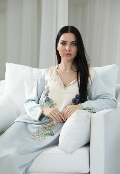 Elegant Two-Tone Kaftan – Soft Blue with Floral Embroidery