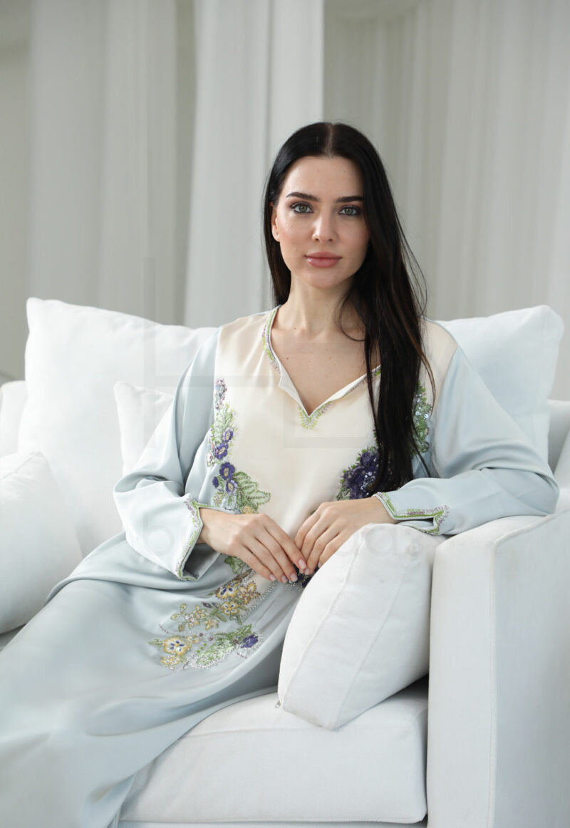 Elegant Two-Tone Kaftan – Soft Blue with Floral Embroidery
