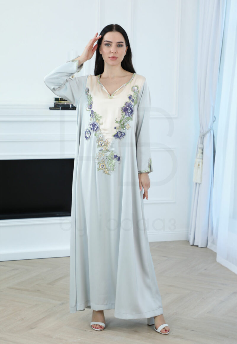 Elegant Two-Tone Kaftan – Soft Blue with Floral Embroidery - Image 3