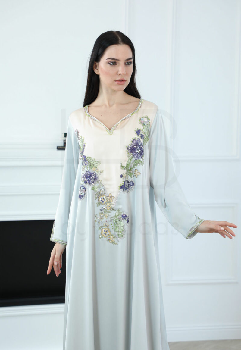 Elegant Two-Tone Kaftan – Soft Blue with Floral Embroidery - Image 2
