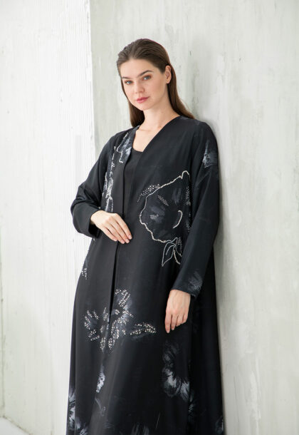 Black Printed Abaya with Abstract Floral & Beaded Detail