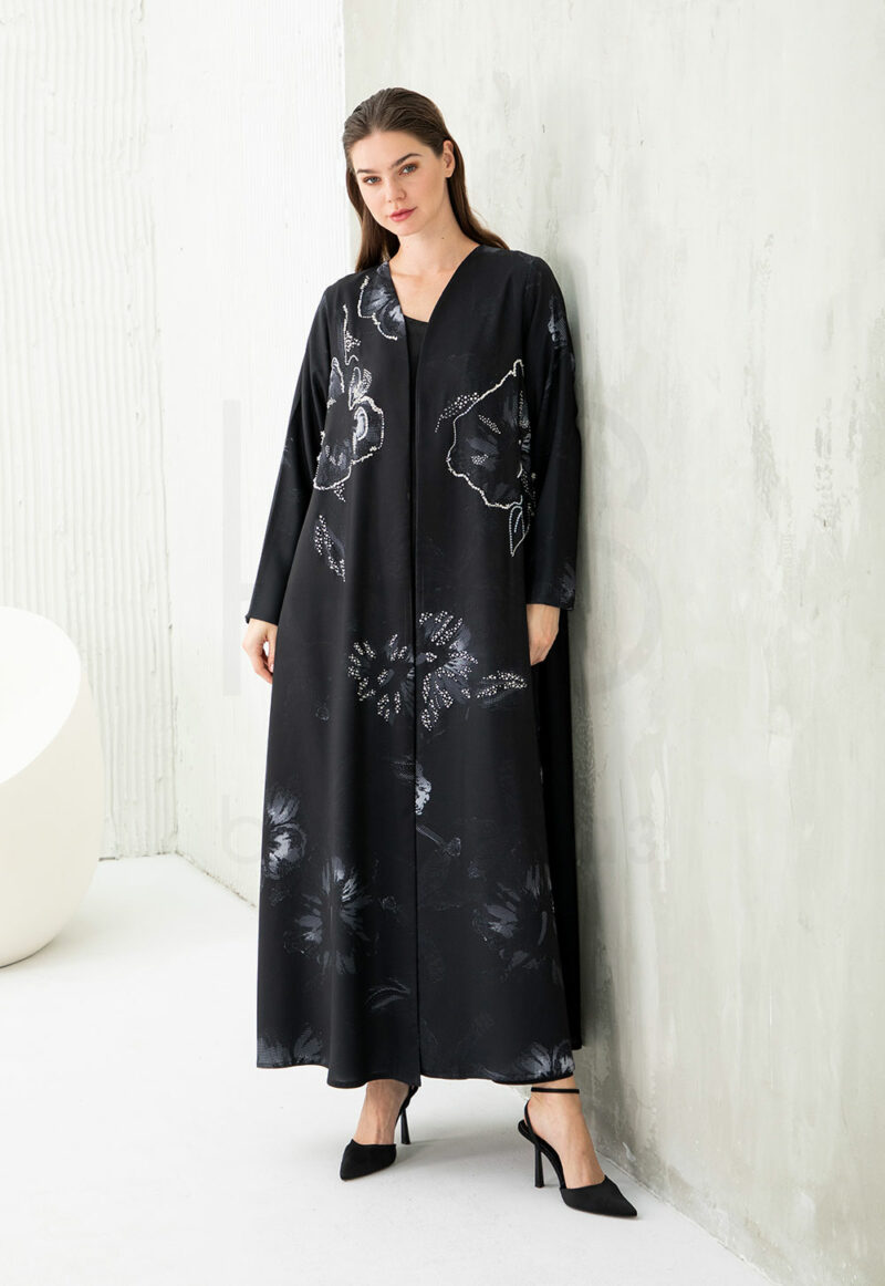 Black Printed Abaya with Abstract Floral & Beaded Detail - Image 2