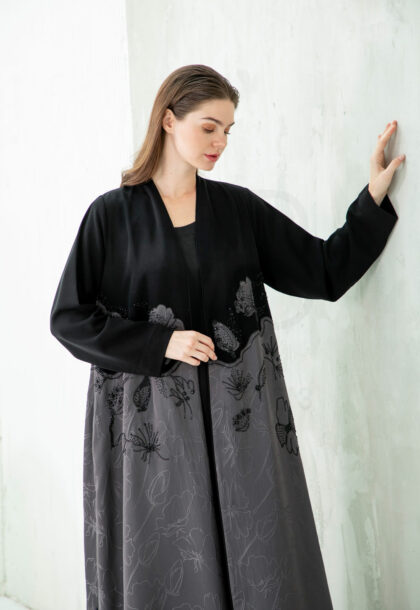 Black & Charcoal Abaya with Floral Gradient Embroidery