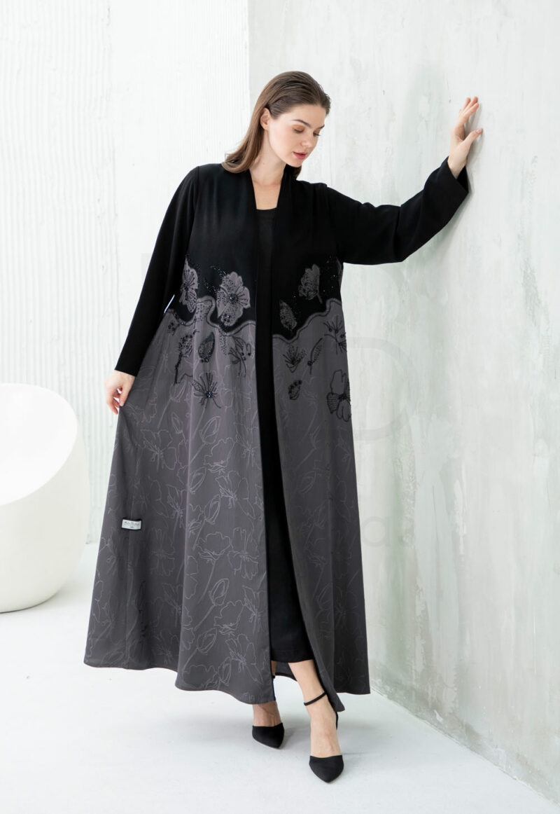 Black & Charcoal Abaya with Floral Gradient Embroidery - Image 2