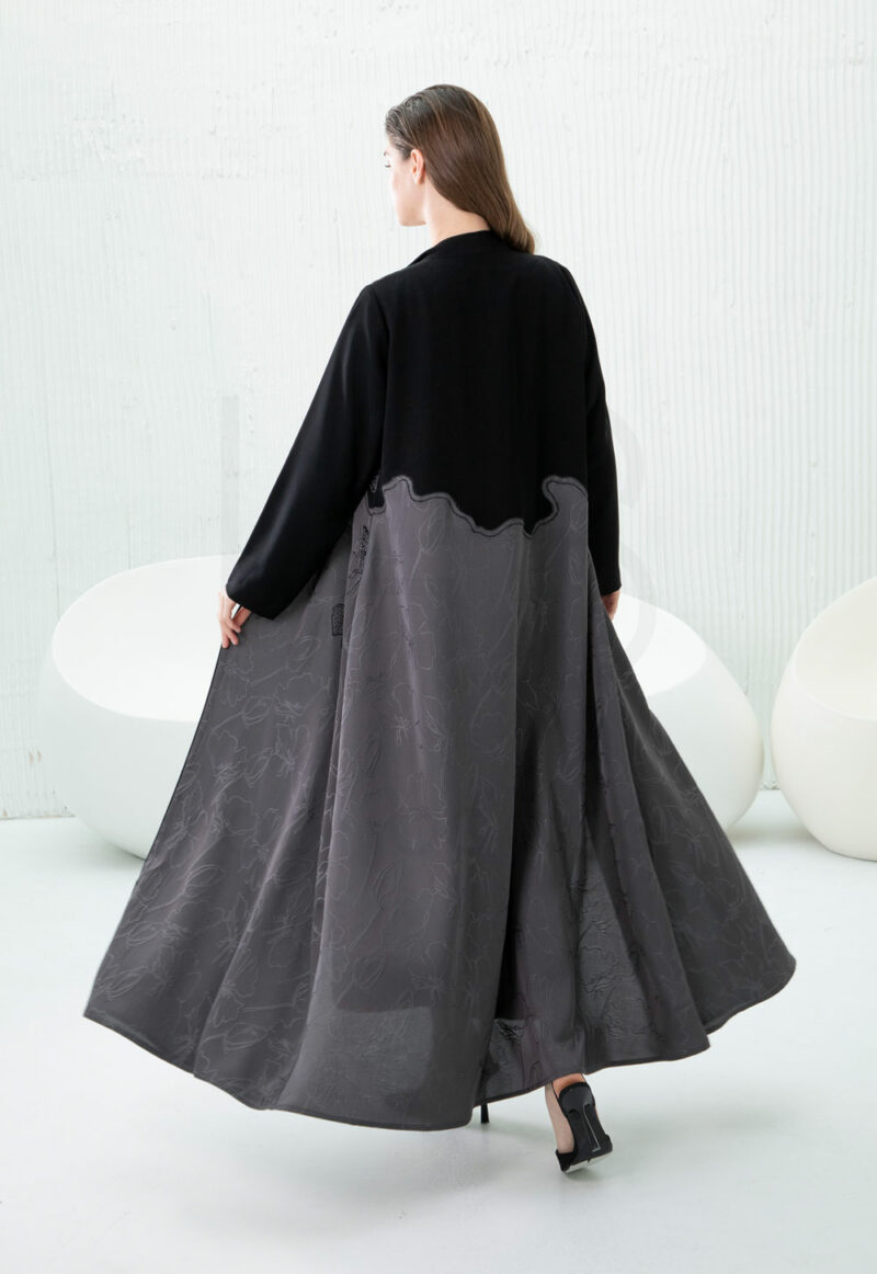 Black & Charcoal Abaya with Floral Gradient Embroidery - Image 3