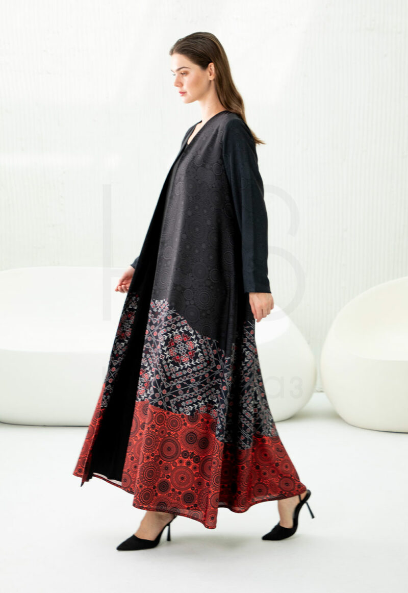 Black & Red Printed Abaya with Geometric & Tribal Pattern Block - Image 2