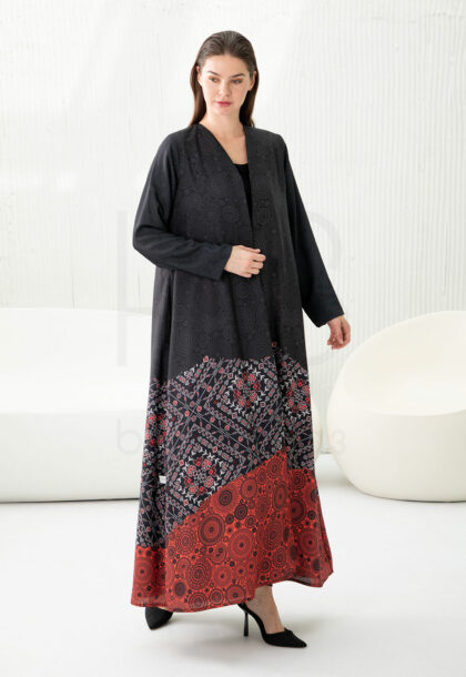 Black & Red Printed Abaya with Geometric & Tribal Pattern Block