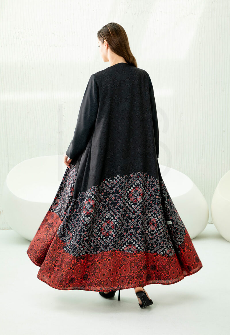 Black & Red Printed Abaya with Geometric & Tribal Pattern Block - Image 3