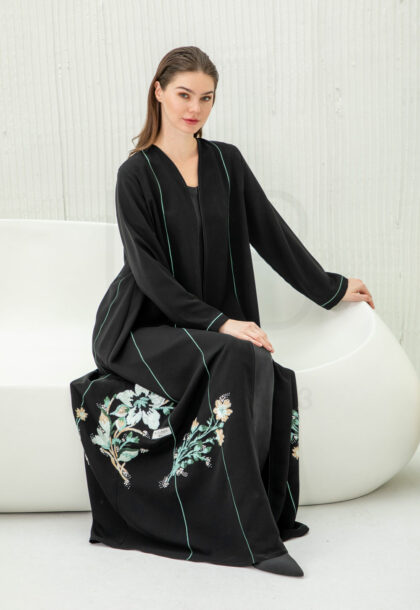 Black Abaya with Embroidered Floral Side