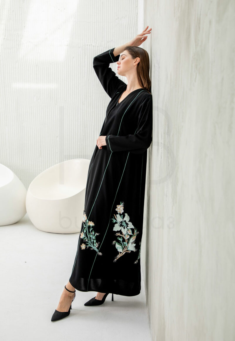 Black Abaya with Embroidered Floral Side - Image 2